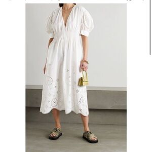 GANNI Women's Broderie Anglaise Organic Cotton White‎ Eyelet Midi Dress- Size 6